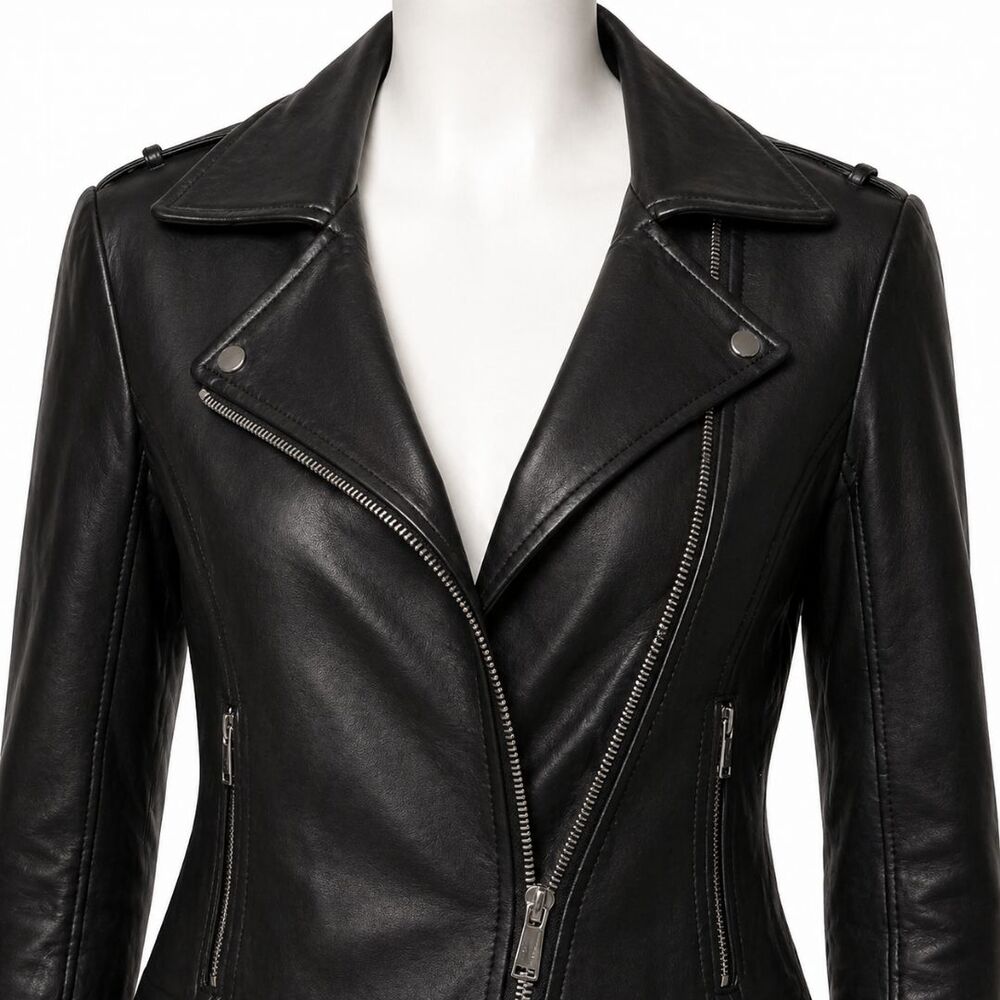 BCBG Generation Lamb Leather Moto Jacket Black Size M Zip Biker Chic NWOT - Picture 5 of 16